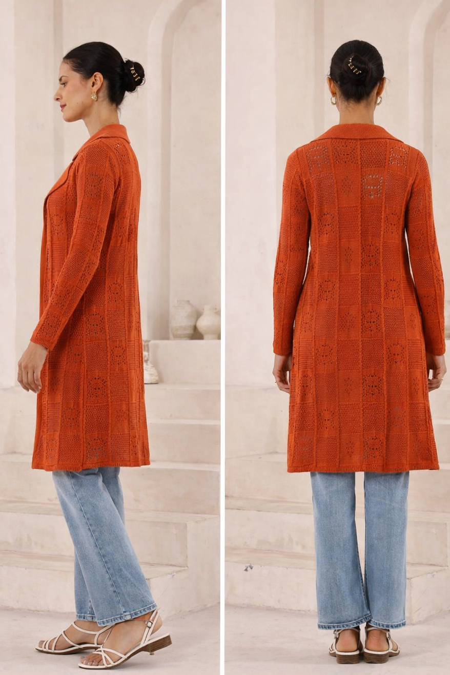 Rust Cotton Long Line Cardigan