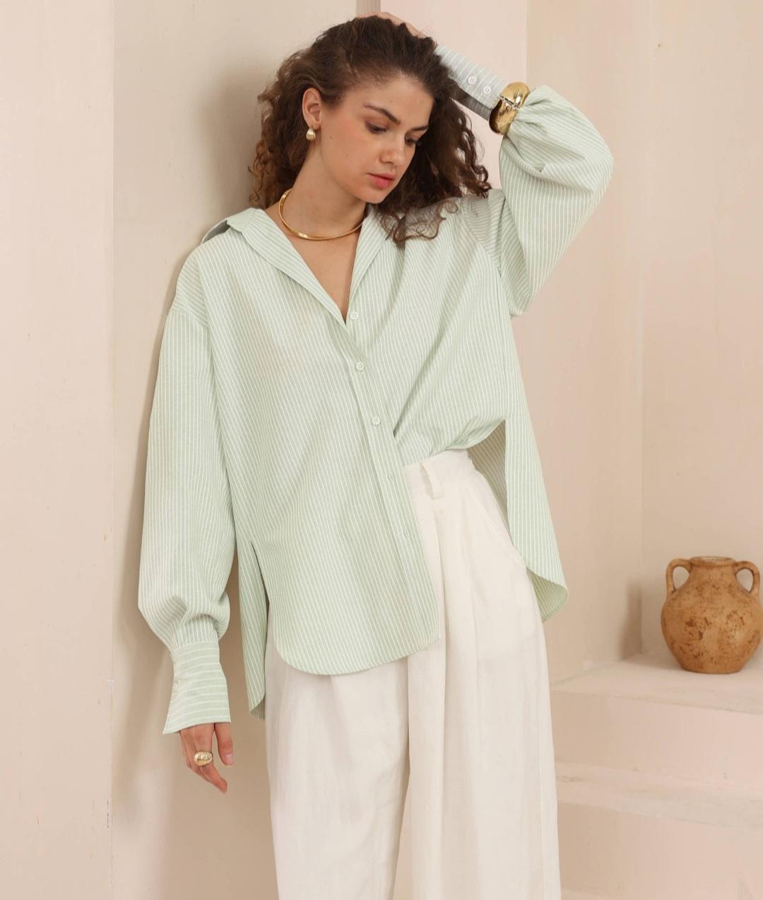 Mint & White Striped Cotton Blend Shirt