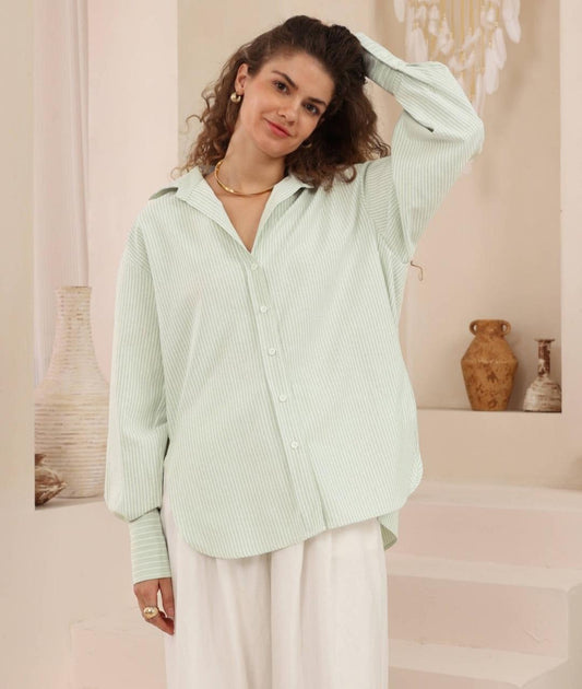 Mint & White Striped Cotton Blend Shirt