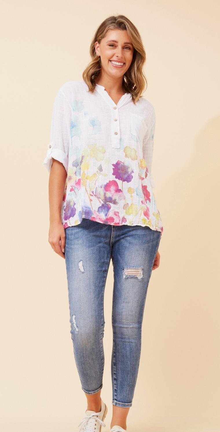 White Cotton Shirt with Painted like Details