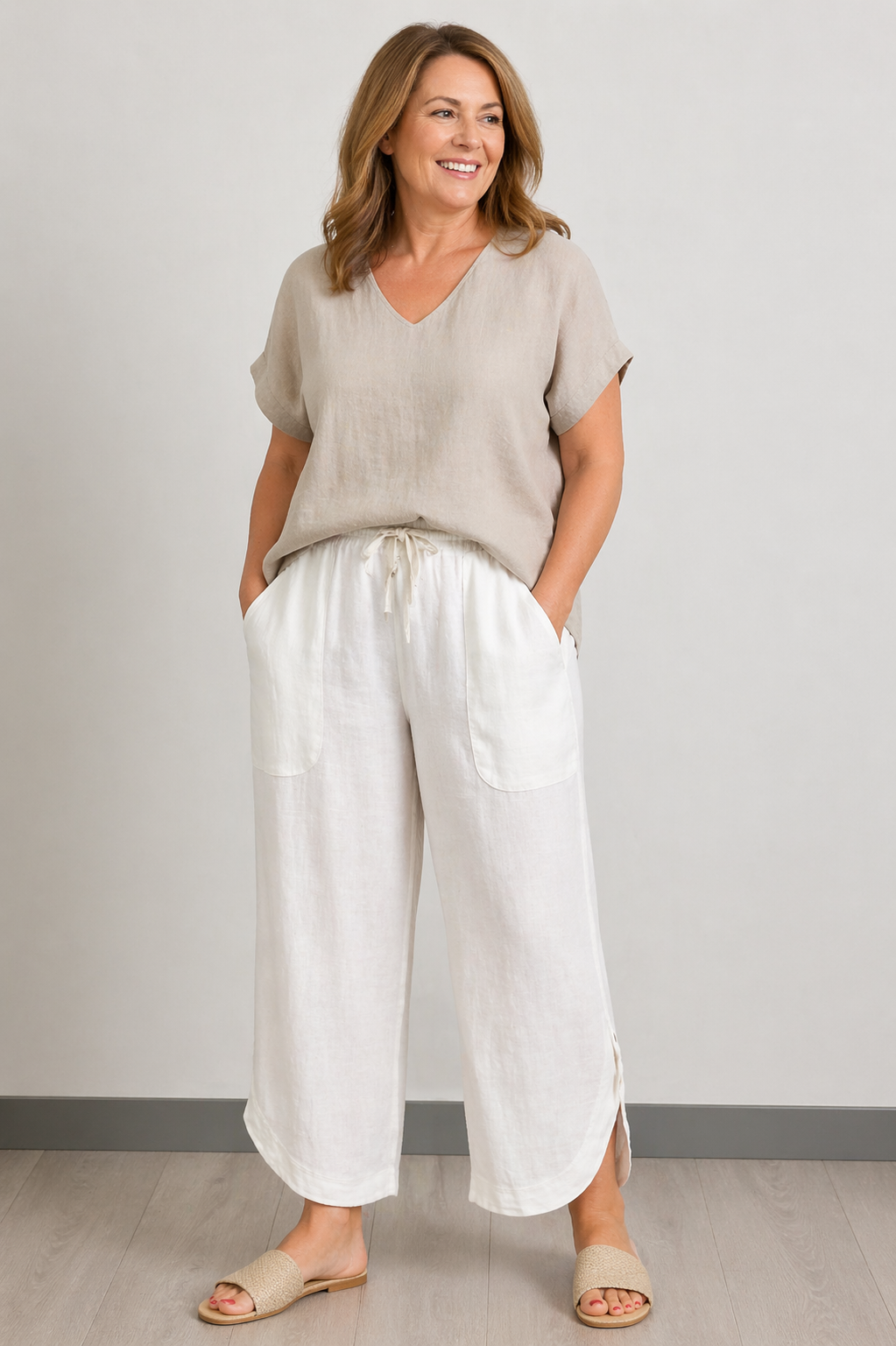 Linen Cotton Blend White Pants